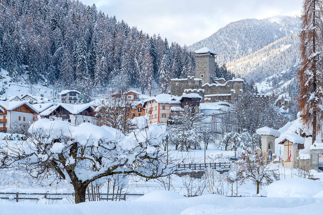 Ossana village in winter season. Europe, Italy, Trentino, Sun Valley, Ossana