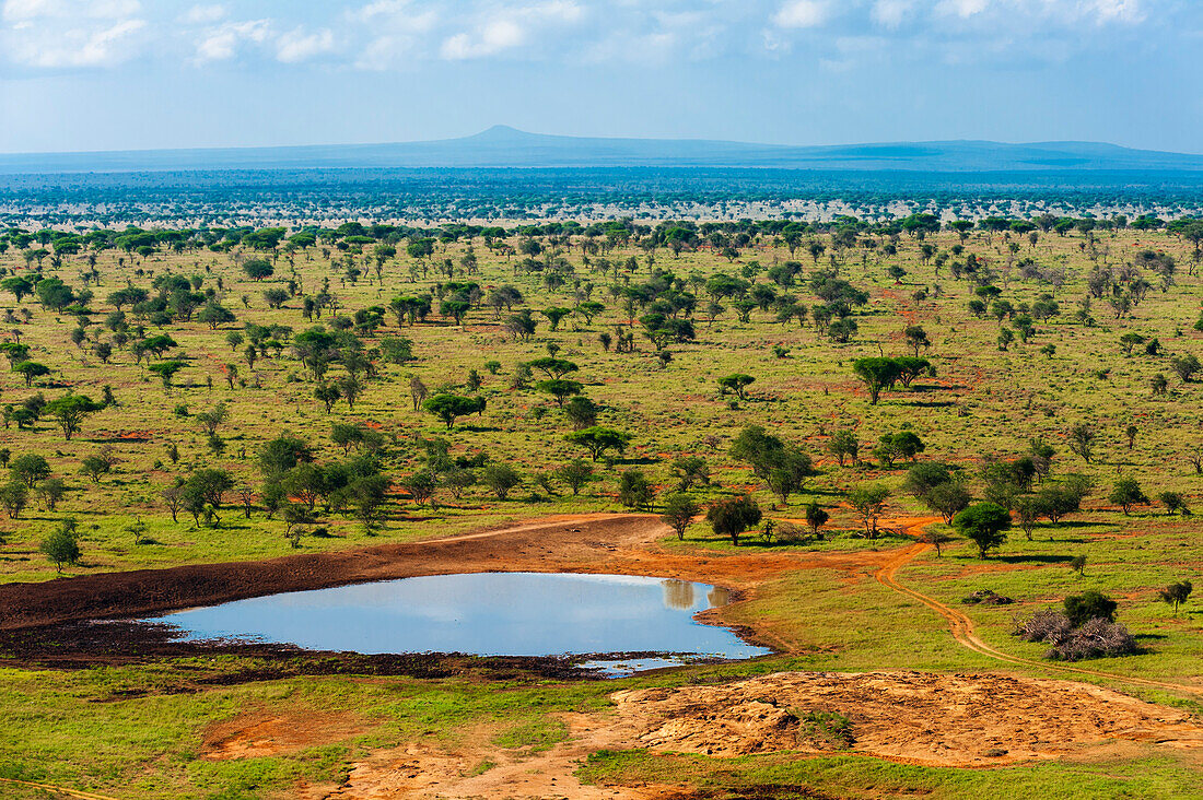 Ein Blick von oben auf die weite Landschaft des Lualenyi-Wildreservats. Voi Kenia Lualenyi-Wildreservat, Kenia.