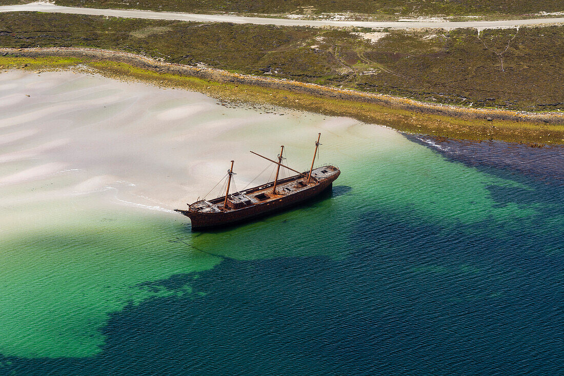 Aerial view of the wreck of the British ship Lady Elizabeth. Stanley, Falkland Islands