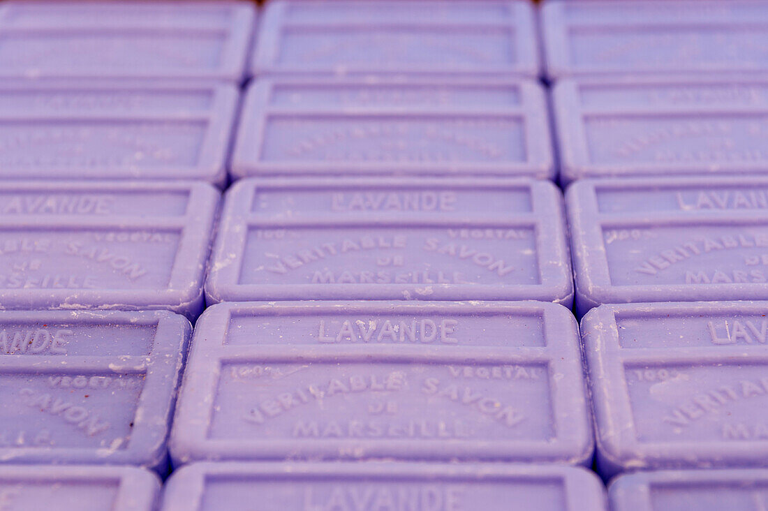 Lavender Marseille soap for sale at a local French market. Banon, Provence, France.