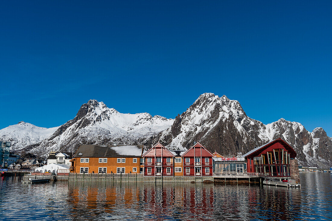 A scenic view of the Svolvaer waterfront and mountains. Svolvaer, Lofoten Islands, Nordland, Norway.