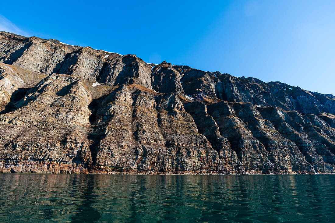 Cliffs near Longyearbyen on the bay of Adventfjorden. Longyearbyen, Spitsbergen Island, Svalbard, Norway.