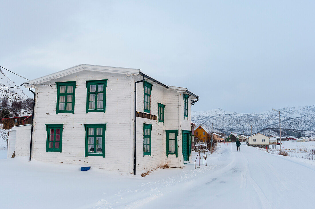 Das Dorf Noss im Winter. Noss, Vesteralen-Inseln, Nordland, Norwegen.
