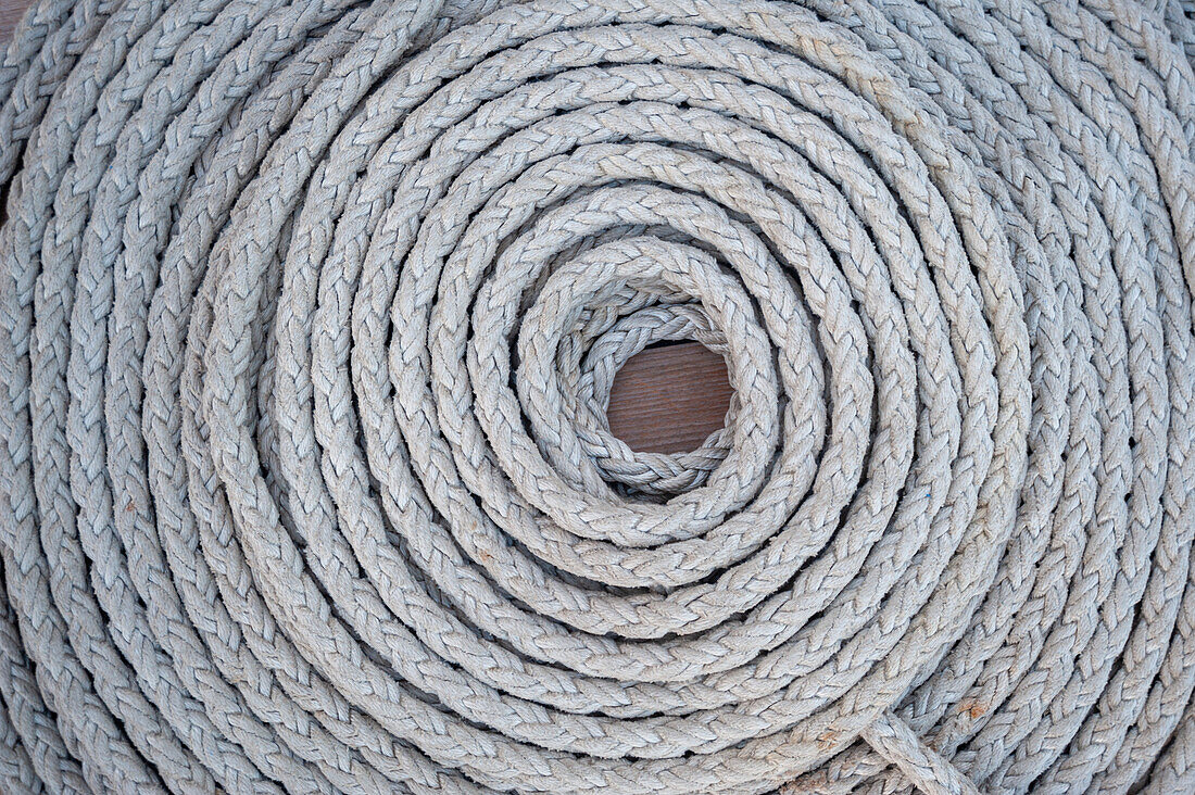 Close up detail of a neatly coiled rope. Costa Rica.