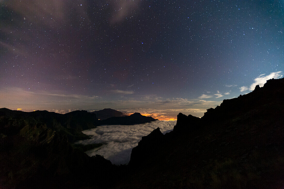View of Caldera de Taburiente National Park at night. La Palma Island, Canary Islands, Spain.