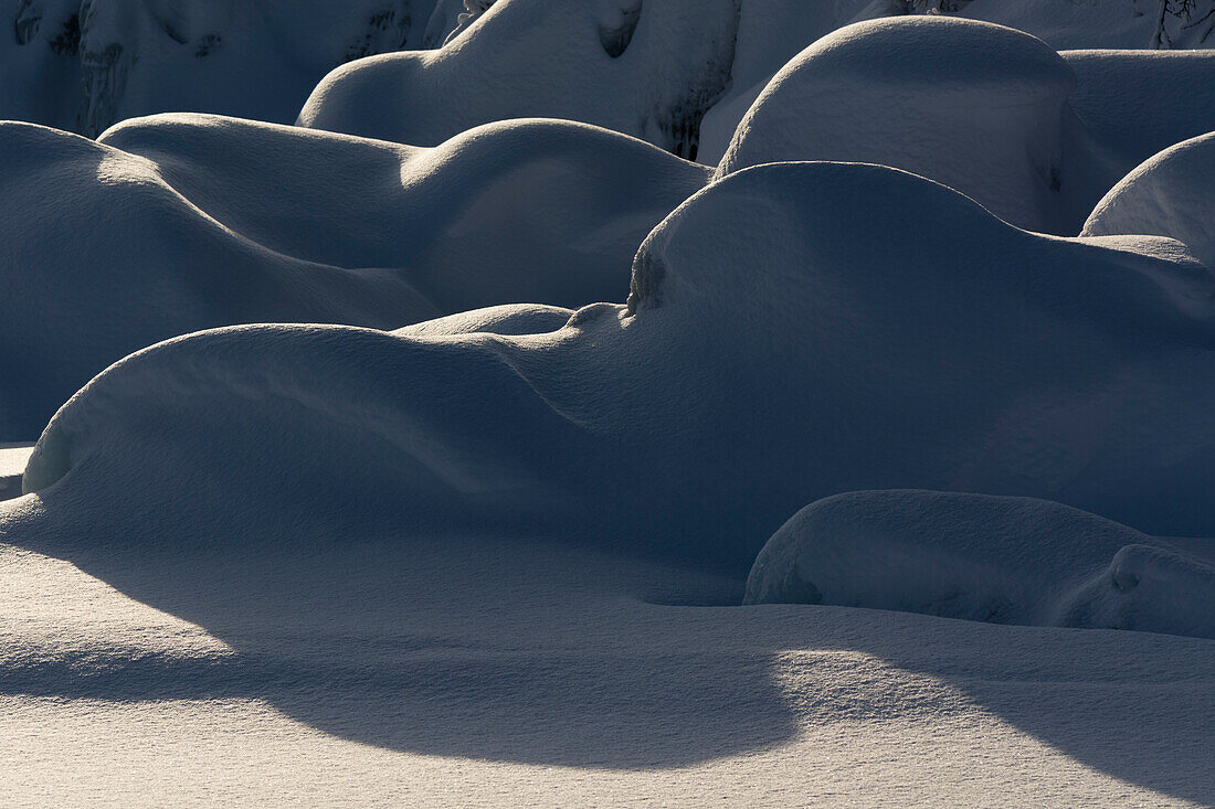 Von Schnee bedeckte Eisformationen am Tornetrask-See. Schweden.