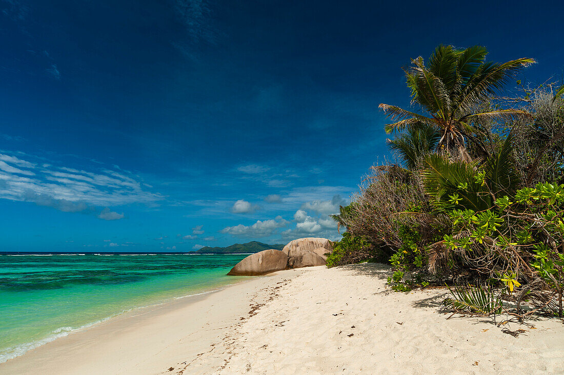 Ein tropischer Sandstrand mit Palmen und großen Felsbrocken im Indischen Ozean. Strand Anse Source d'Argent, Insel La Digue, Republik Seychellen.