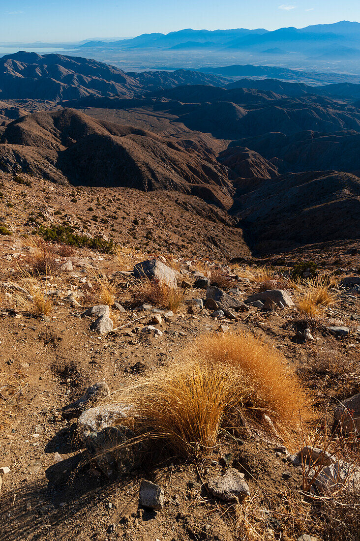 Das Coachella Valley inmitten der Little San Bernardino Mountains. Joshua-Tree-Nationalpark, Kalifornien, USA