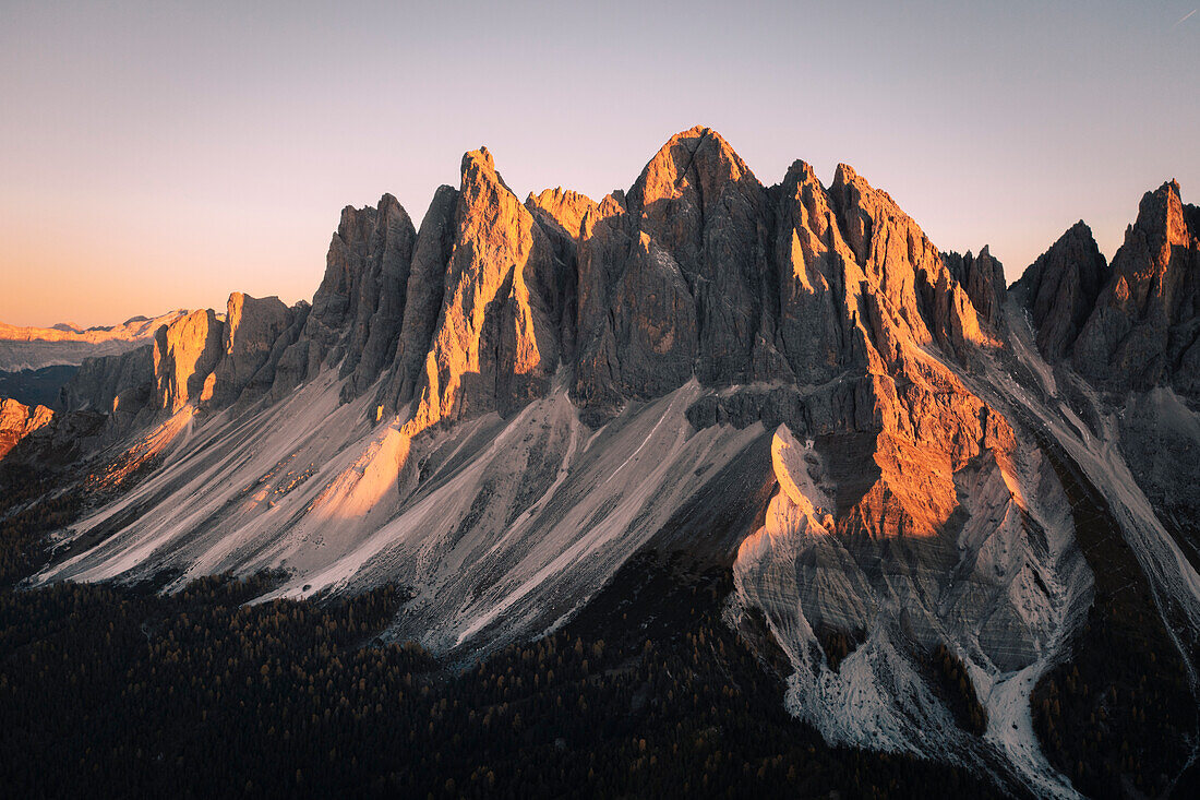 Aerial view of Odle mountains group during sunset, Funes Valley, South Tyrol, Italy