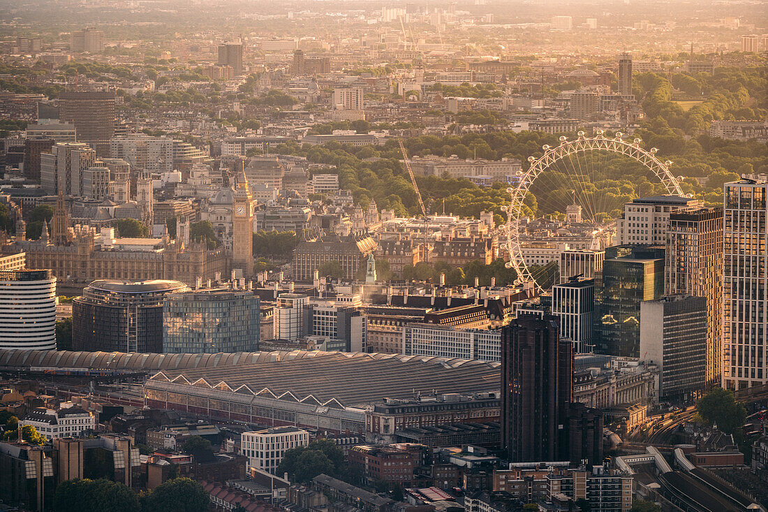 High view of the city of London with London Eye and Westminster. London, United Kingdom
