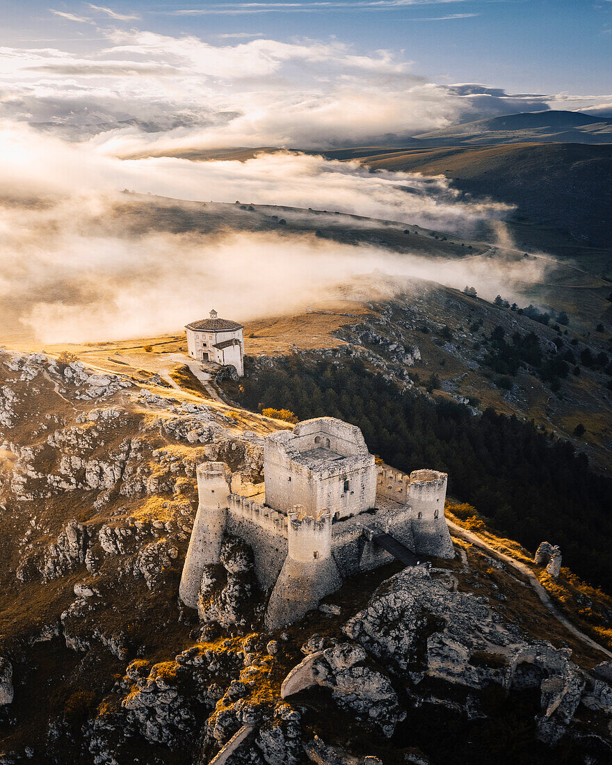 Sunset in Rocca Calascio, an ancient building on the top of a mountain, Gran Sasso National Park, L'Aquila province, Abruzzo, Italy.