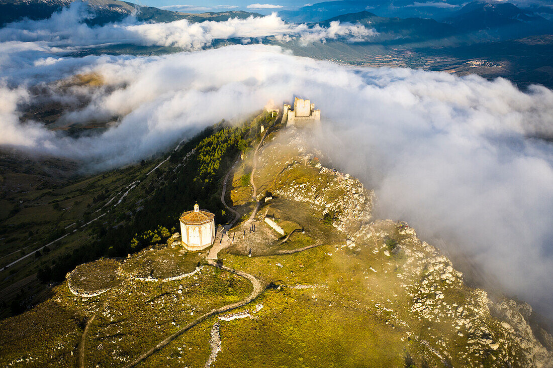 Sunset in Rocca Calascio, an ancient building on the top of a mountain, Gran Sasso National Park, L'Aquila province, Abruzzo, Italy.