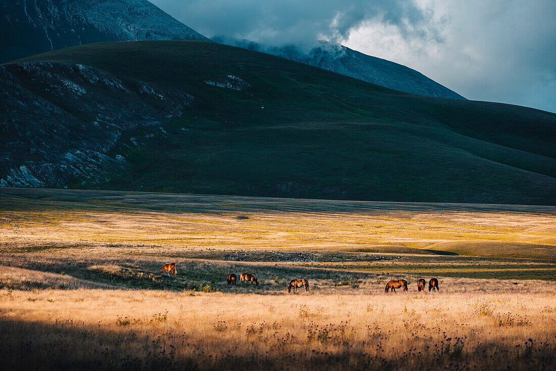 Gran Sasso National Park atemberaubende Landschaft in der Nähe von Campo Imperatore. Gran-Sasso-Nationalpark, Provinz L'Aquila, Abruzzen, Italien.