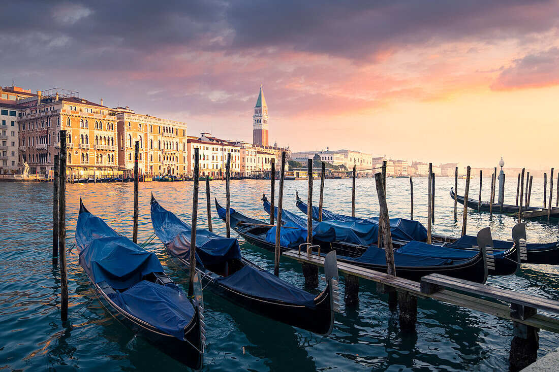 Sonnenuntergang mit Gondeln und dem Glockenturm von St. Markus. Venedig, Venetien, Italien