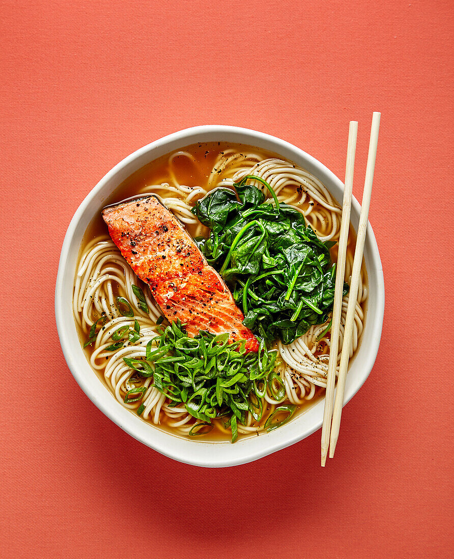 Miso ginger ramen with spinach and fried salmon