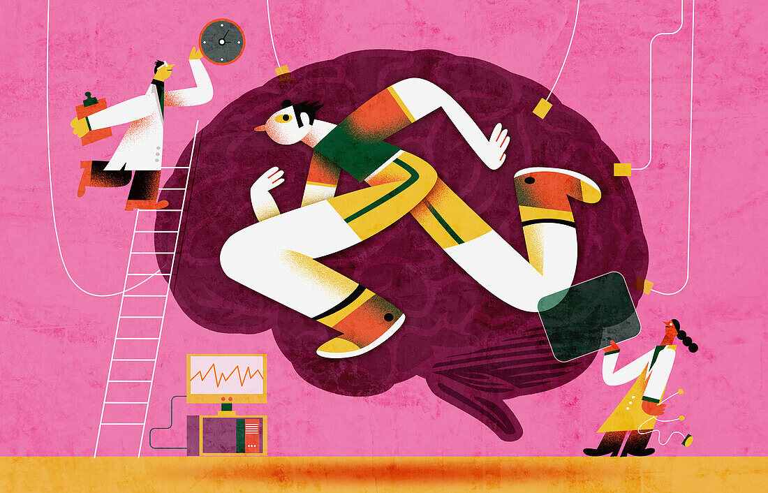 Doctors monitoring brain of athlete, illustration
