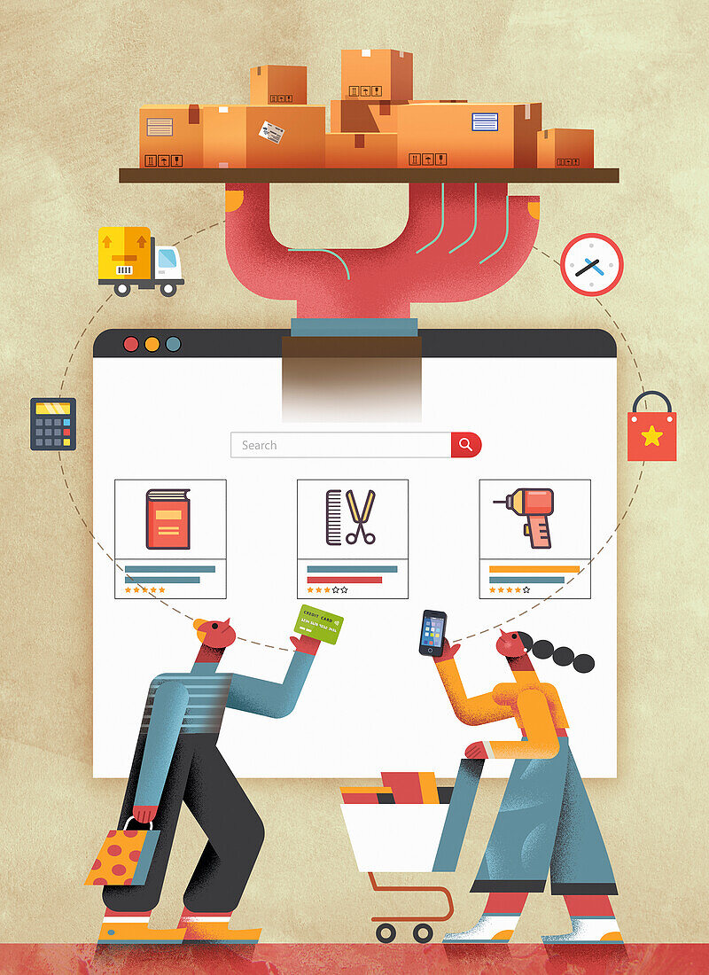 Online shopping and home delivery, illustration