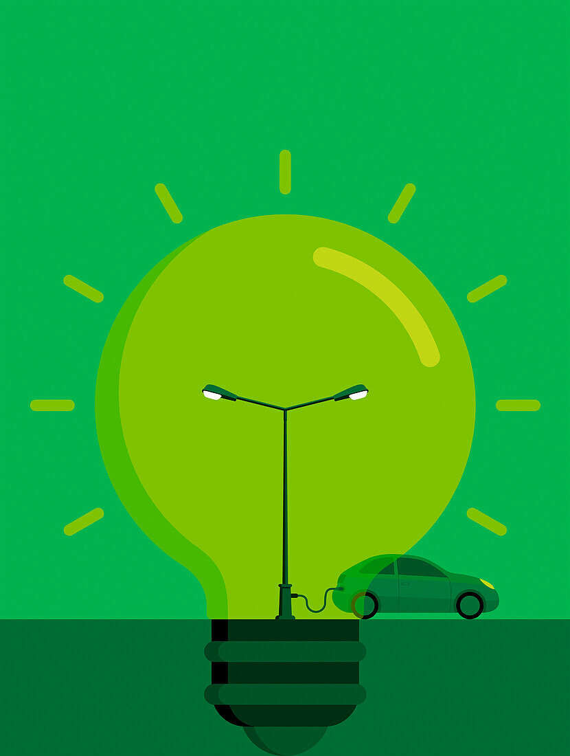 Green electricity and electric car, illustration