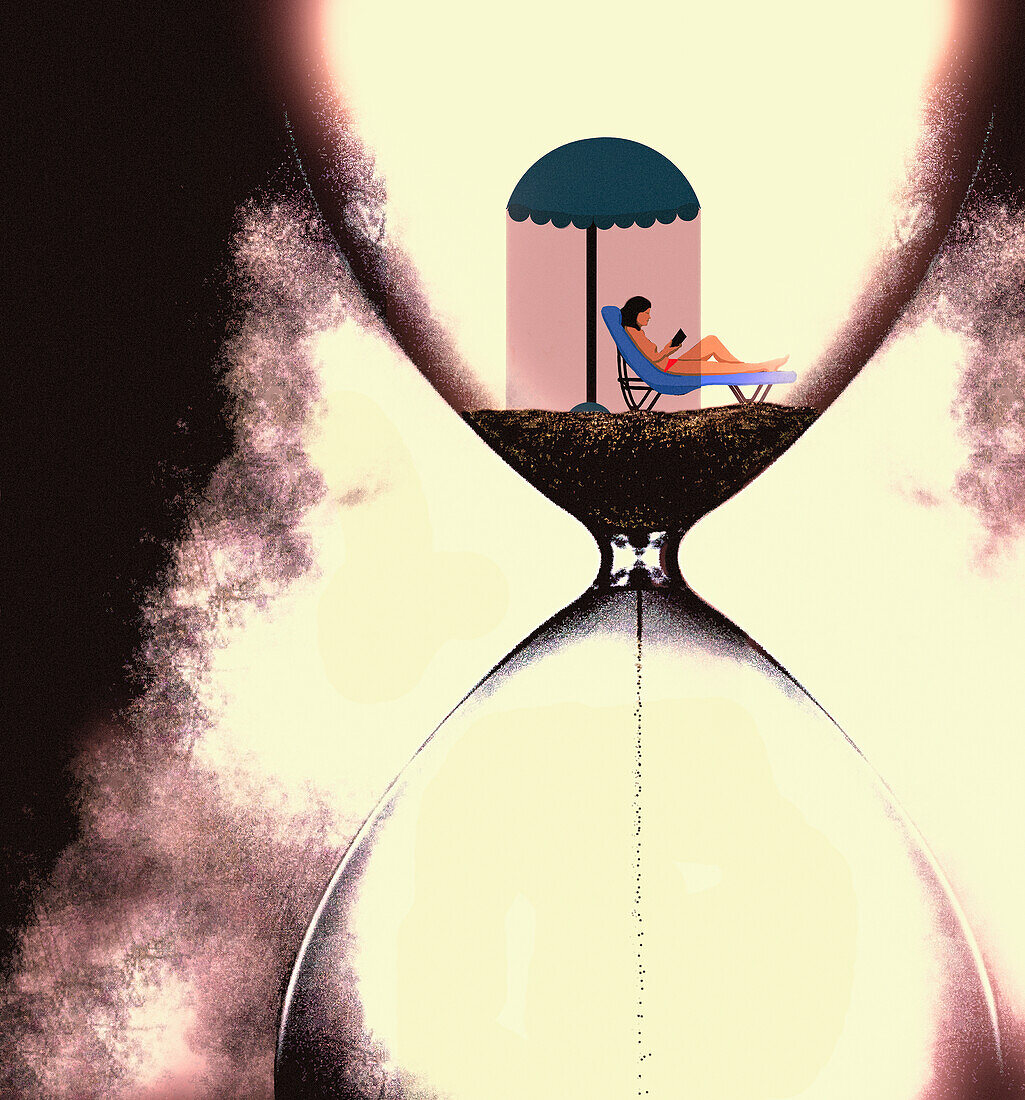 Woman relaxing inside hourglass, illustration