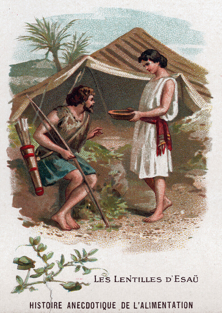 Jacob offering Esau a bowl of lentil stew, illustration