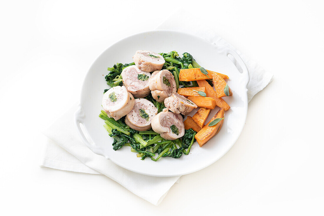 Rabbit roulade with spinach and sweet potatoes