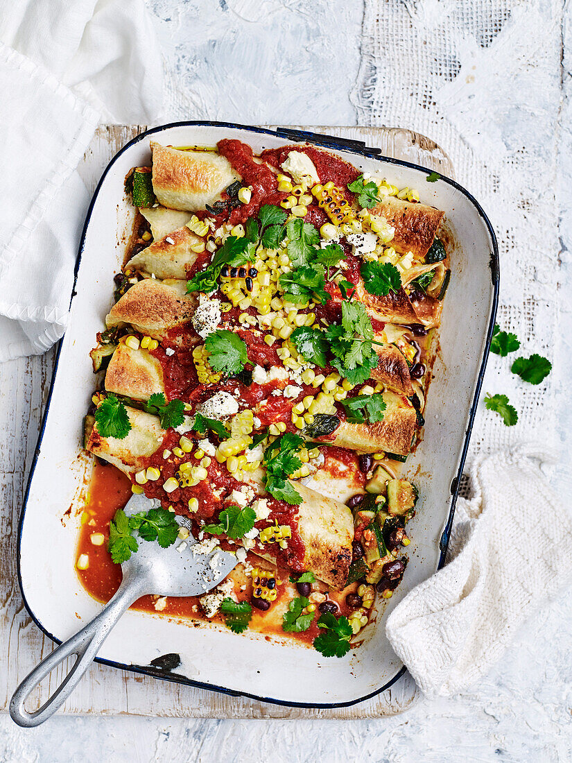 Zucchini, black bean and corn enchiladas