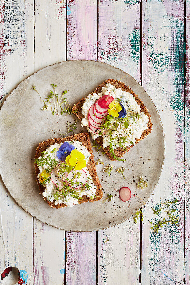 Vollkornbrot mit Hüttenkäse, Radieschen und Essblüten