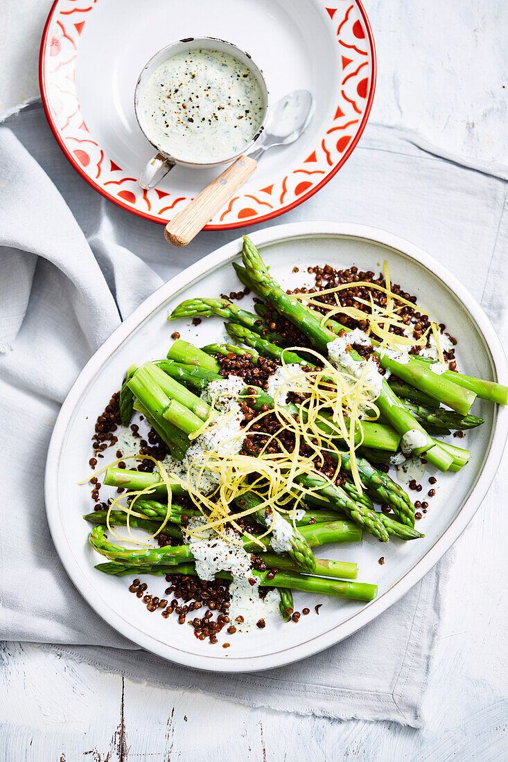 Asparagus with crisp lentils and herb yoghurt