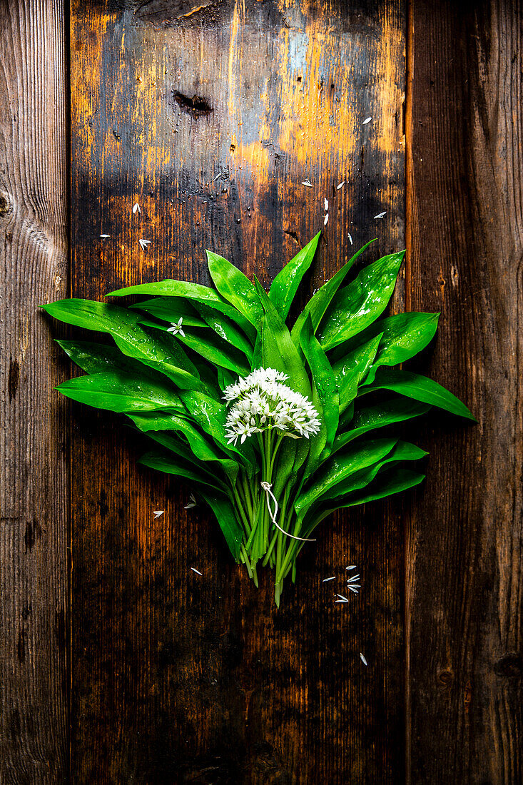 Wild garlic with blossom on a rustic wooden base