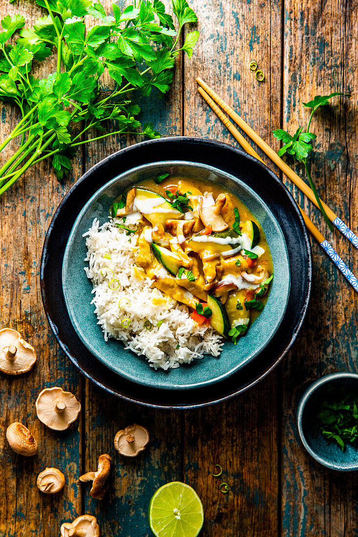 Mild Thai chicken curry with shiitake mushrooms and basmati rice