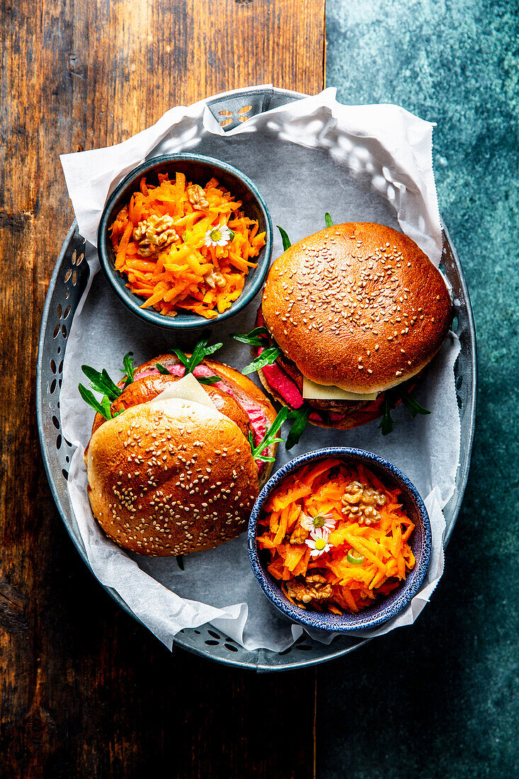 Portobello burger with beetroot hummus and walnut-carrot salad