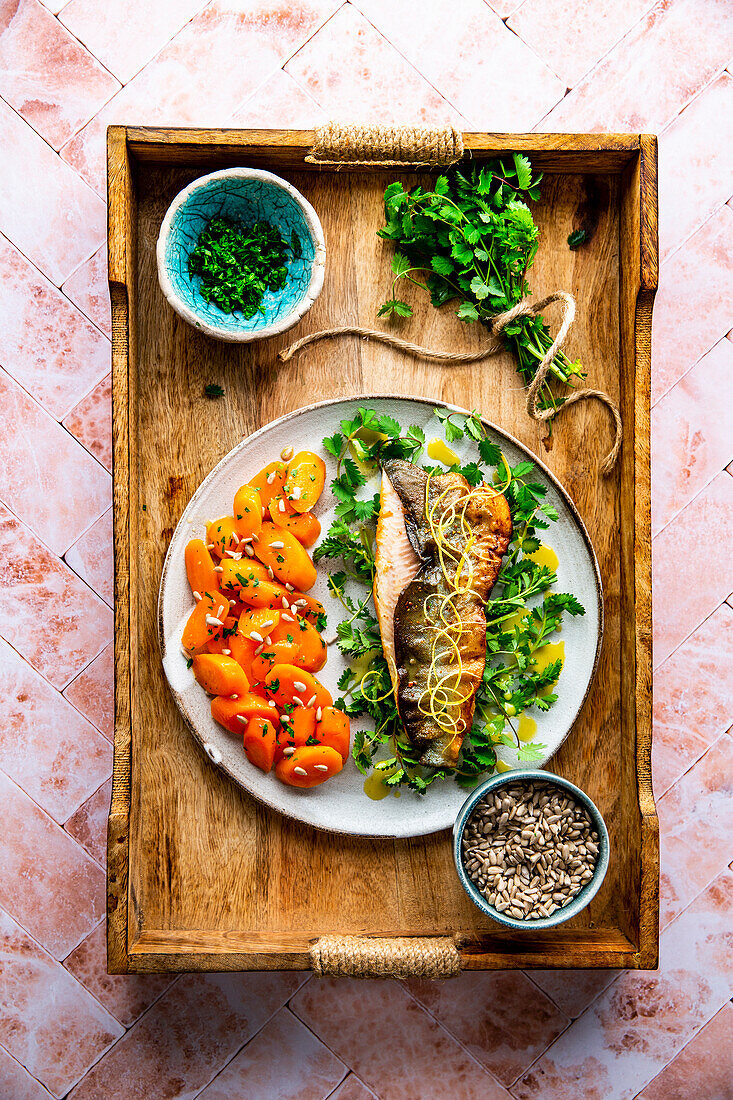 Char on pimpinelle with honey vinaigrette and glazed carrots