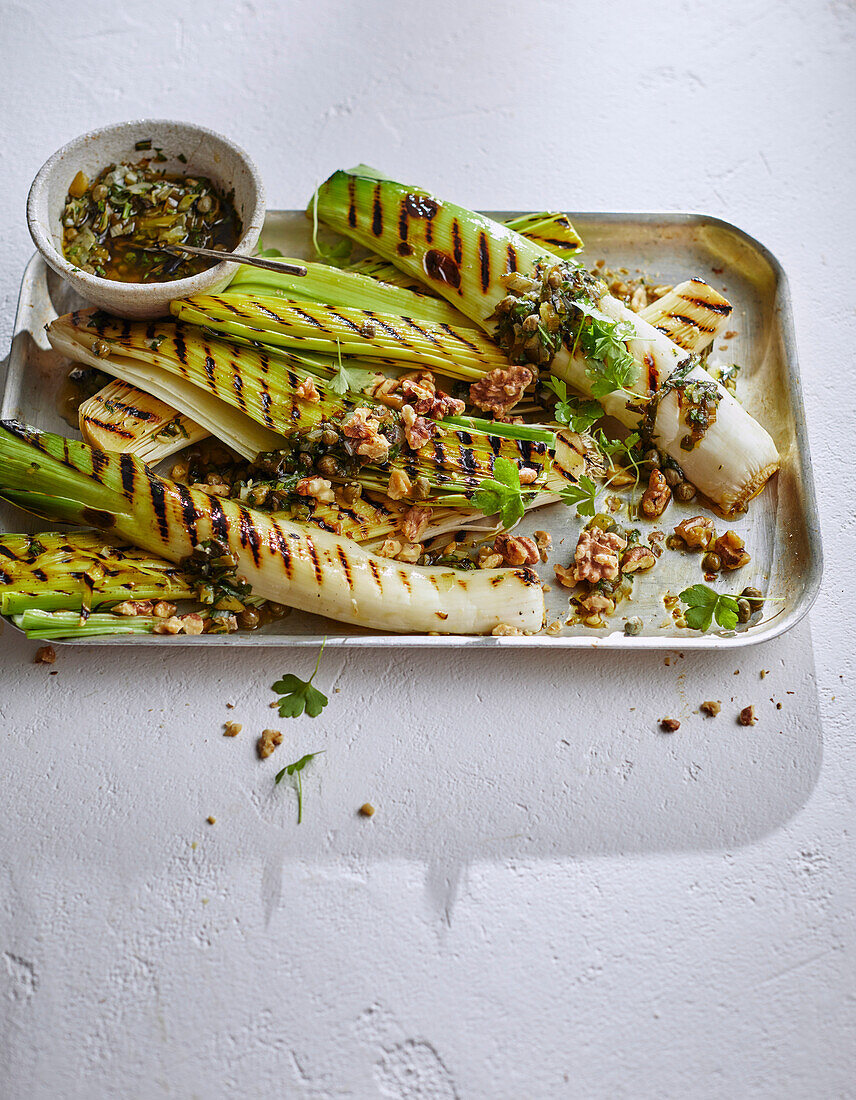 Chargrilled leeks with sweet onion and caper vinaigrette