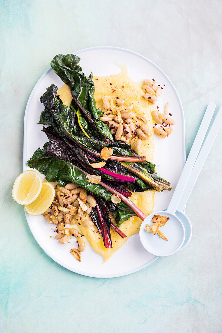 Polenta with rainbow chard and chilli beans