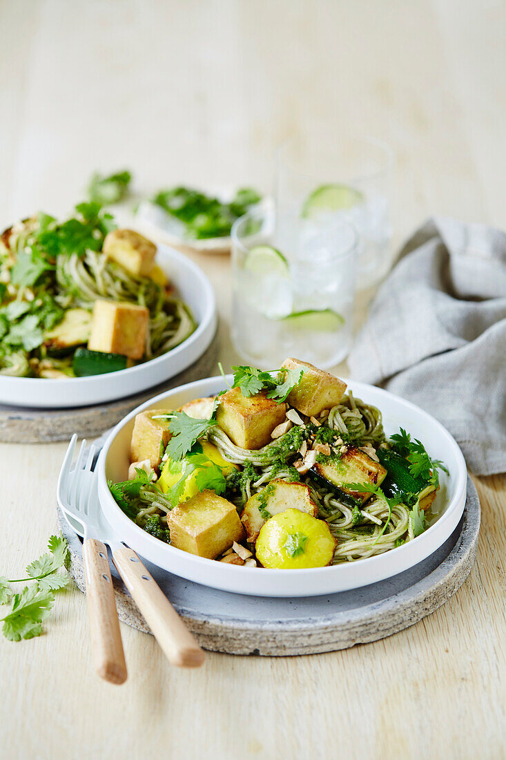 Zucchini and tofu noodles with coriander pesto