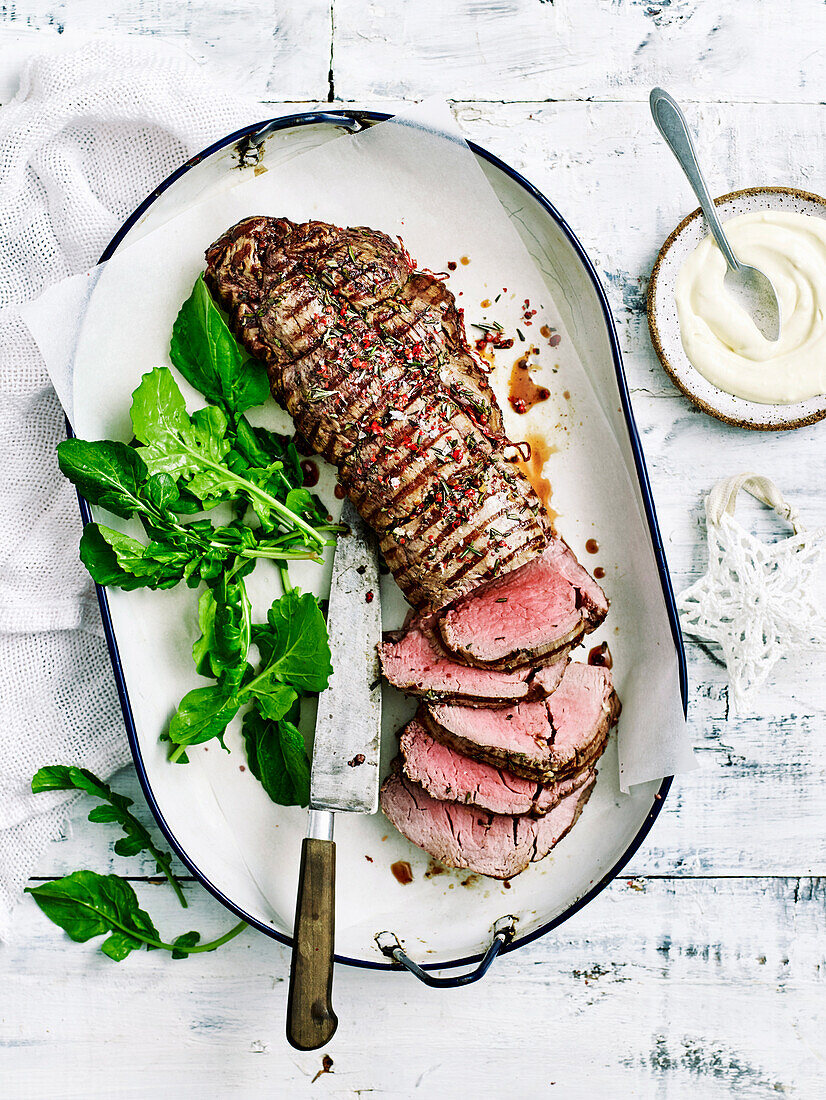 Pink pepper beef fillet with horseradish cream
