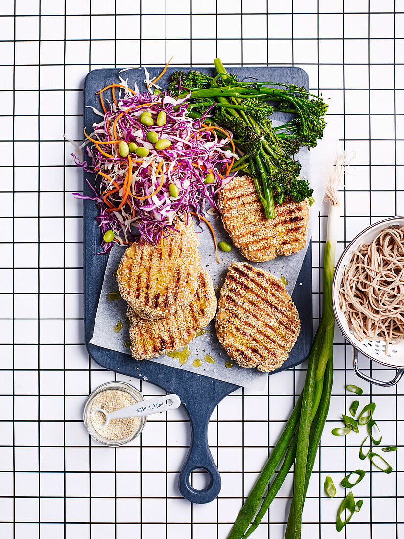 Vegeterian sesame chick'n and soba salad