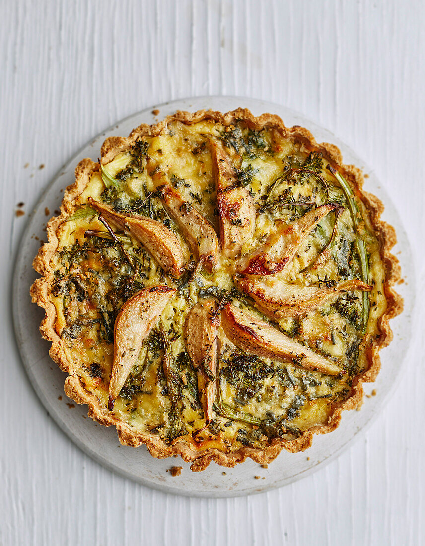 Broccolini, pear and blue cheese tart