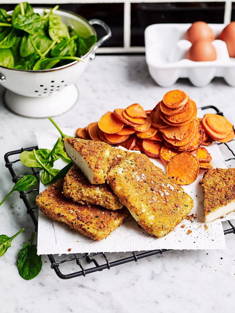 Haloumi schnitzels with sweet potato chips