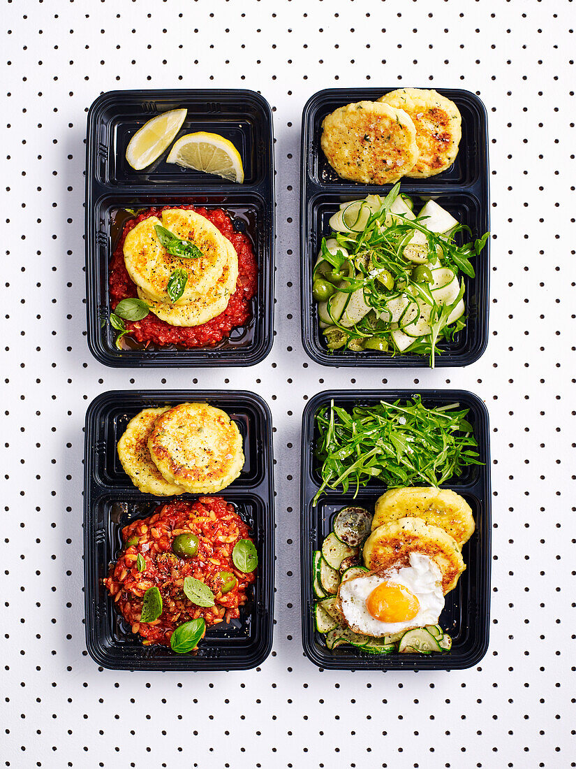 4x ricotta fritters for lunch - with tomato sugo, with rocket salad, with orzo, with fried egg