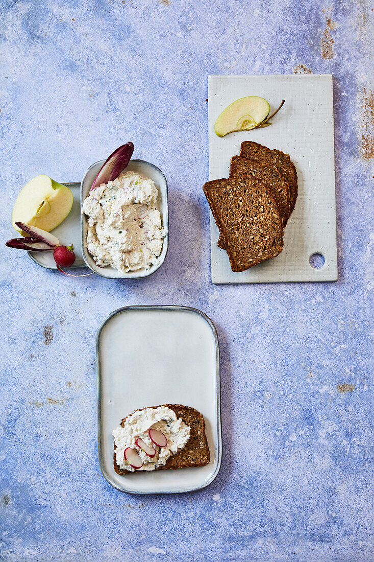 Snack with whole grain bread, cottage cheese, apple and radish