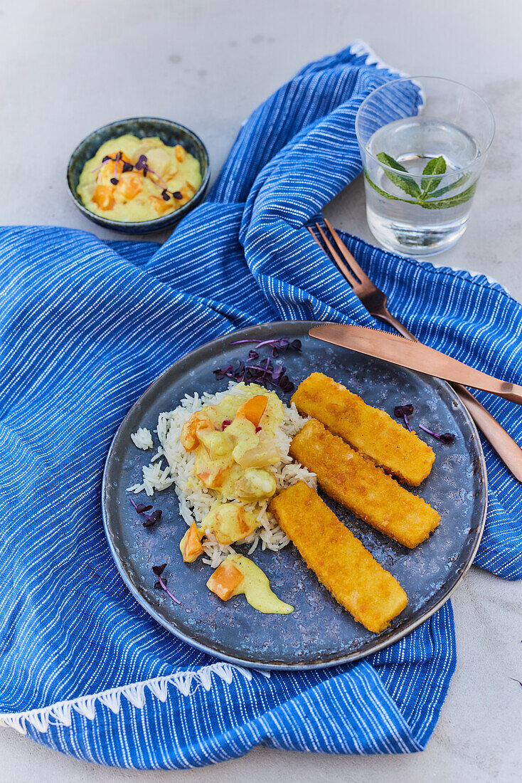 Fischstäbchen mit Reis und Currysauce