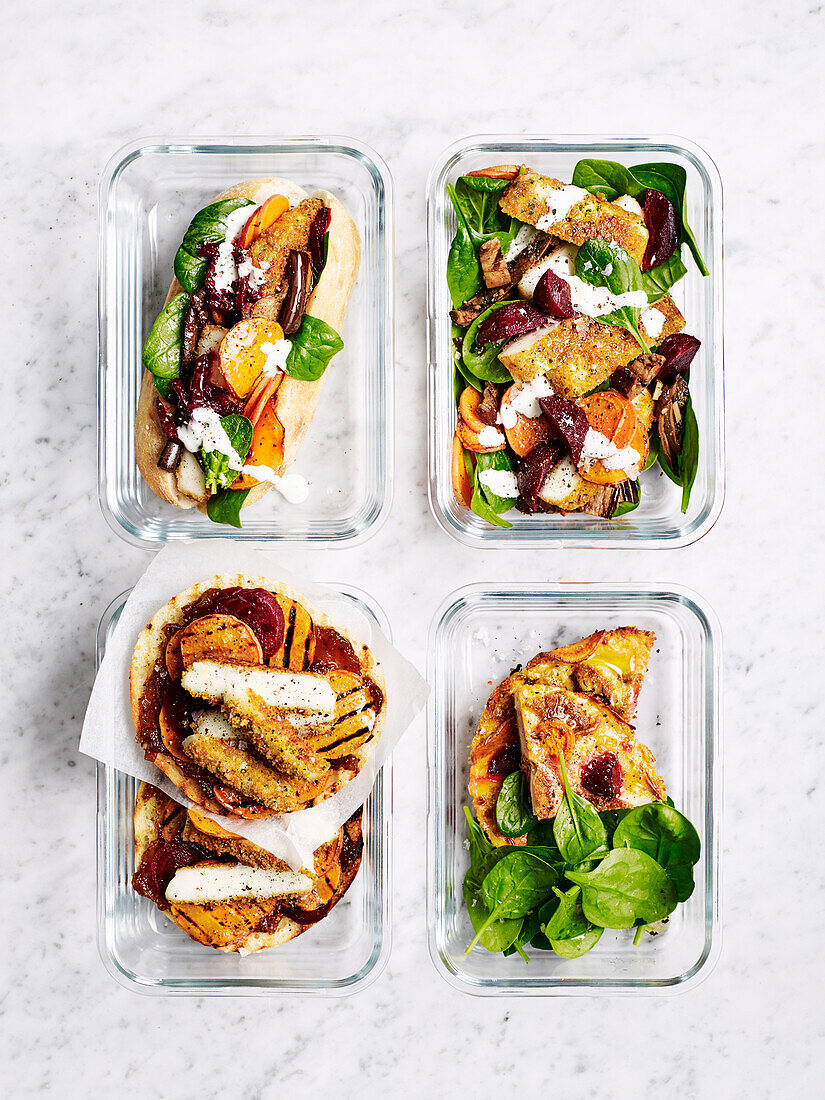 4x haloumi lunch - schnitzel sangas, schnitzel salad, open sandwich, haloumi frittata