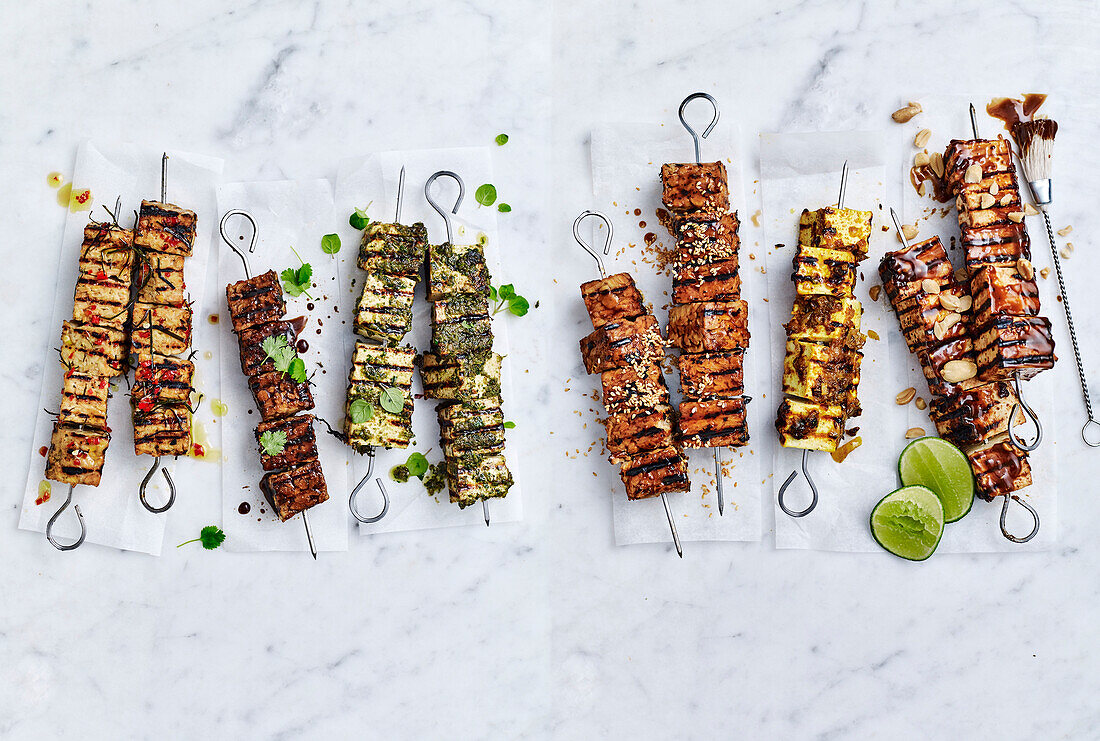 Tofu and tempeh skewers - chilli and kaffir lime, Moroccan, Lebanese, barbecue sauce, masala spices, satay
