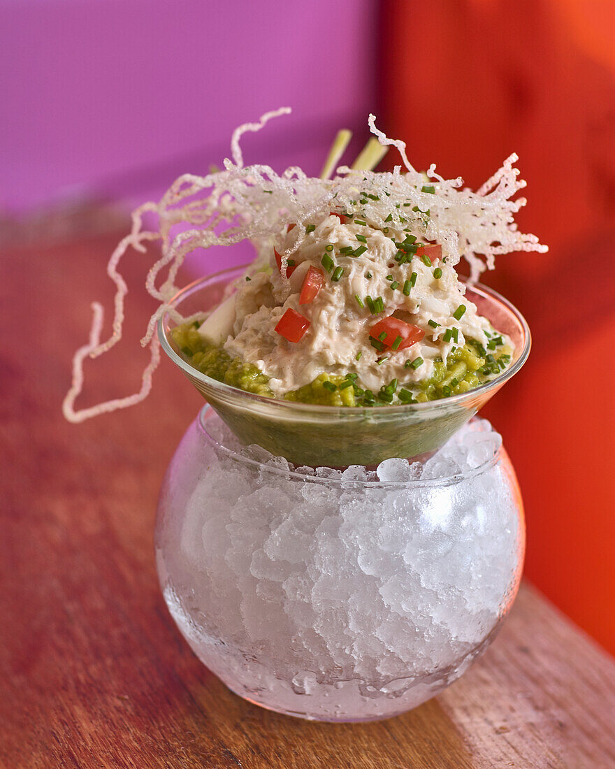 Avocado puree with king crab