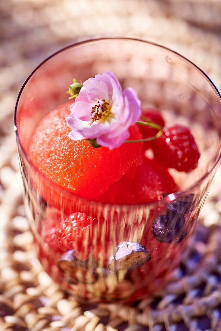 Watermelon granita garnished with berries