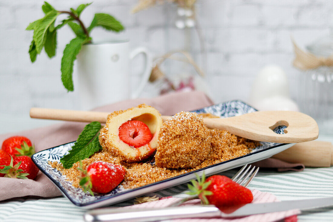 Erdbeerknödel mit Semmelbröseln