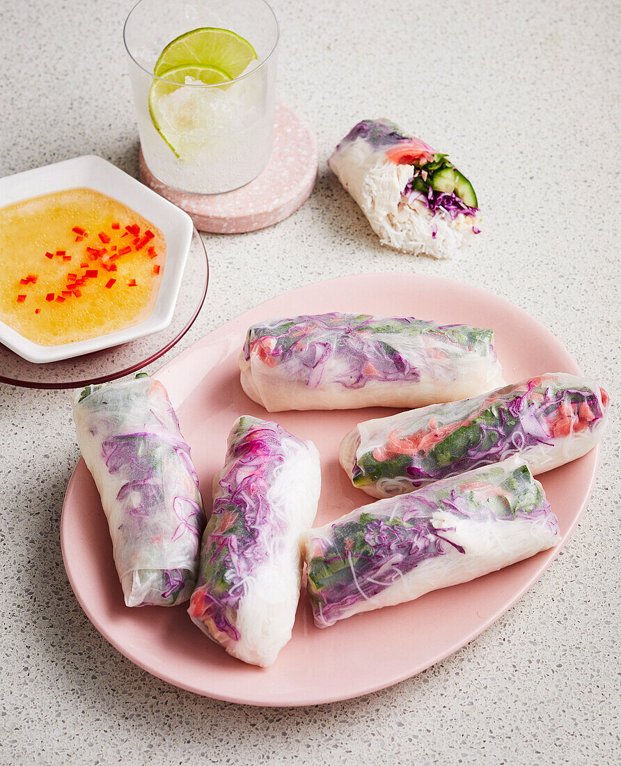 Chicken and pickled ginger rice paper rolls