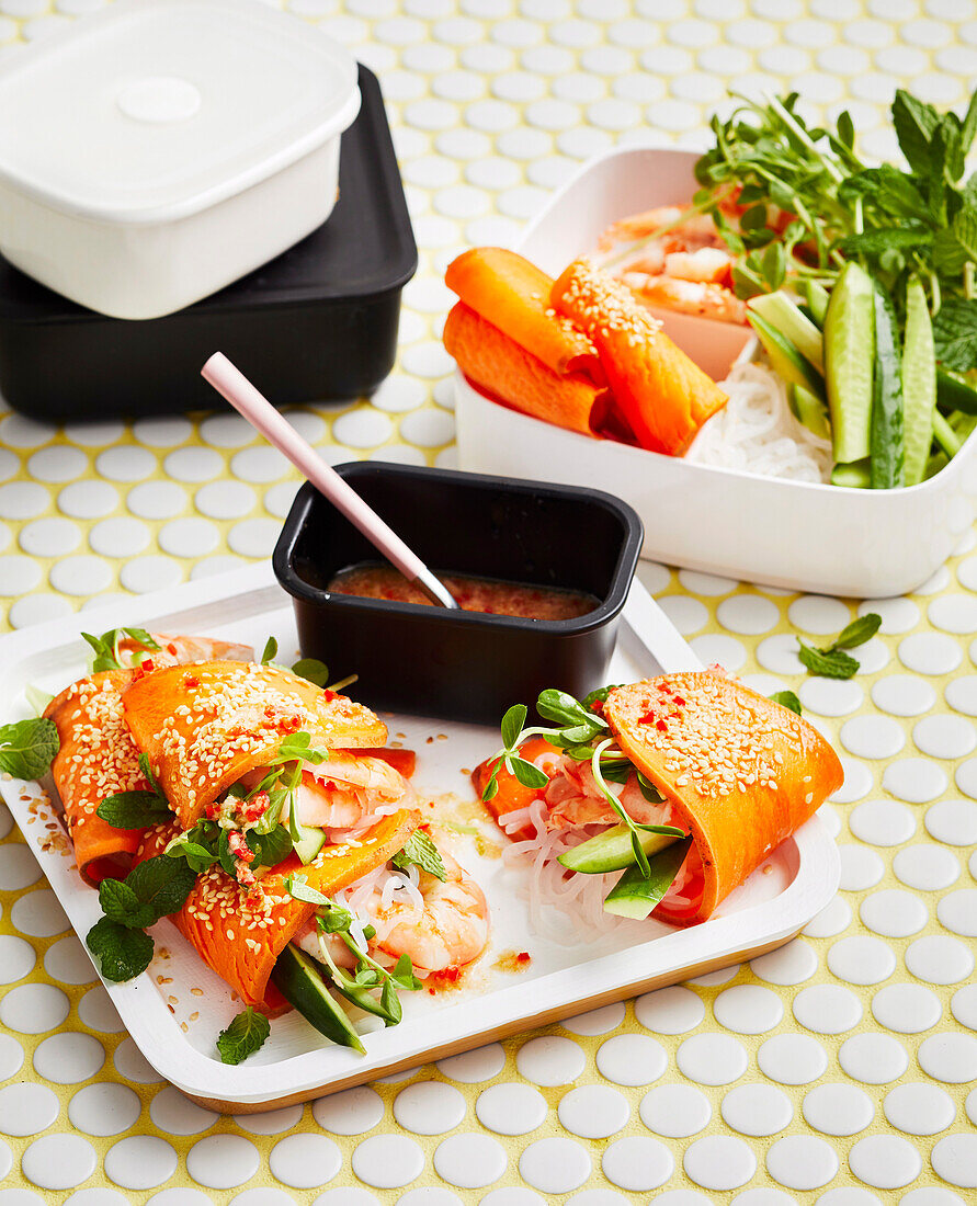 Vietnamese sweet potato and prawn salad rolls