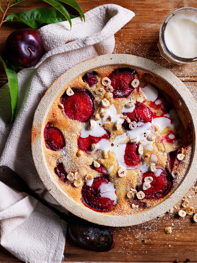 Plum and hazelnut clafoutis